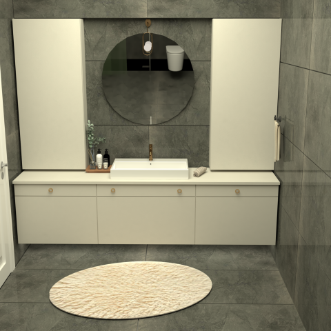 Modern banyo dolabi tasarimi, depolama cozumleri ve estetik yuzey detaylariyla dikkat ceken uygulama gorseli.