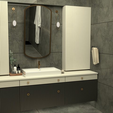 Banyo dolabi uygulamasi icin kullanilabilecek sade, kullanisli ve mekana uyumlu tasarim ornegi.