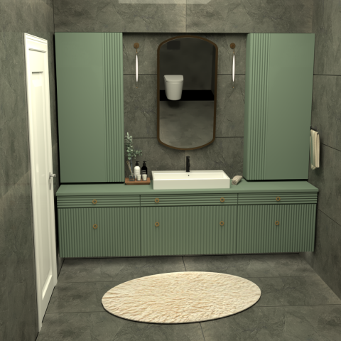 Seramik, dolap, tesisat ve genel uygulama surecini bir arada gosteren banyo tadilati gorseli.