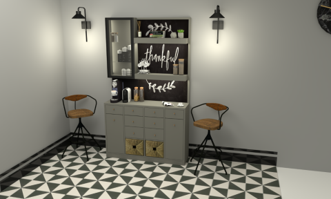 Ev veya ofis icin planlanmis dekoratif kahve kosesi uygulamasi ve ozel depolama detaylari.