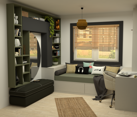 Fonksiyonel depolama ve sicak renk kurgusuyla planlanmis cocuk odasi tasarim uygulamasi.