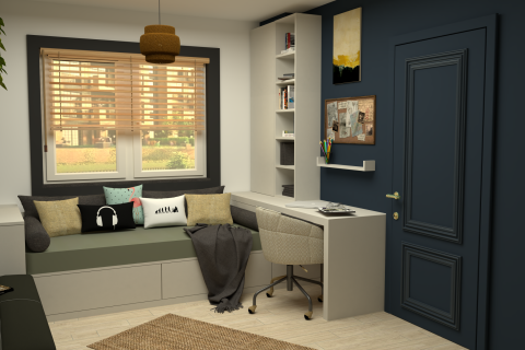 Cocuk odasi icin duzenli, ferah ve kullanim odakli mobilya yerlesimini yansitan gorsel.