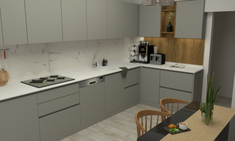 Toplu proje mutfak dolabi uygulamasinin alternatif gorunumu; seri yerlesim ve moduler uretim duzenini yansitir.