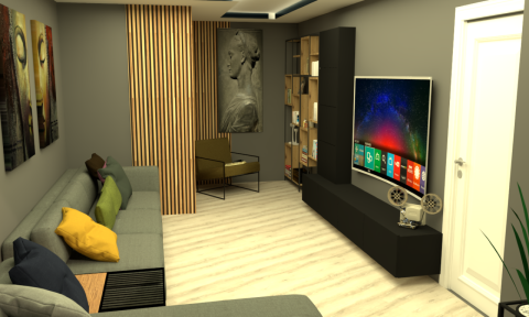 Salon veya yasam alanlari icin planlanmis tv unitesi tasarimi ve depolama entegrasyonunu gosteren gorsel.