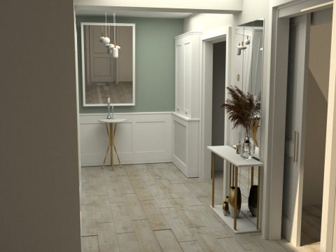 Vestiyer tasariminin farkli bir varyasyonu; askilik, dolap ve ayna kullanimini bir arada sunan uygulama gorseli.